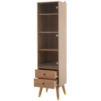 Armario Alto Moderno Con Puerta De Cristal, Vitrina Con Estantes Ajustables Y 2 Cajones, Mueble Alto Para Salón, Baño Y Oficina Con Aspecto De Madera