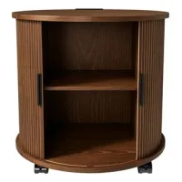 Mesita De Noche Cilíndrica Mid-century Con Estación De Carga (enchufe + 2 Usb), Puerta Inclinada Y Espacio De Almacenamiento - Enrollable Para Dormitorio, Salón - Aspecto Nogal