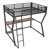 Cama Alta, 140*200cm, Con Luces Led, Estante Para Consola De Computadora, Escritorio, Enchufe+usb, Barandilla, Escaleras, Sin Colchón, Negro