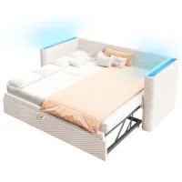 Cama De Día, Sofá Cama, 90 × 200 Cm, 180 × 200 Cm, Diseño De Cama Plegable Multifuncional Con Tira De Luz Led, Somier De Láminas (sin Colchón), Terciopelo, Beige