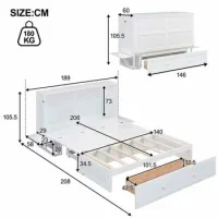 Cama Plegable Móvil De 140 X 200 Con Cajones Al Final De La Cama Y Estante Pequeño Al Costado De La Cama, Camas Con Plataforma Convertibles, Blanco
