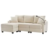 Sofá Esquinero En Forma De L, Sofá Convertible De 3 Plazas Con Reposapiés, Portavasos, Cargador Usb, Reposabrazos Y 2 Cojines, Adecuado Para Salón/oficina/apartamento, Beige