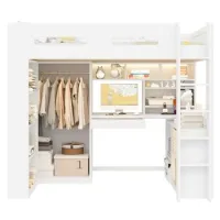 Cama Alta De 90x200cm, Con Cajón Y Varios Estantes, Armario, Escritorio Debajo De La Cama, Iluminación Led Y Puerto Usb, Blanca
