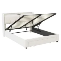 Cama De Presión Con Función De Almacenamiento, Tira De Luz Y Puerto De Carga Usb, Cama Doble 160 * 200 Cm Cargador Estándar Europeo De Terciopelo Beige