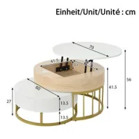 Combinación De Mesa De Centro Redonda Grande Y Pequeña, Tablero De Altura Ajustable, Cajón, Estructura De Metal Dorado, Blanco Combinado Con Aspecto De Madera, Cuerpo De Mdf