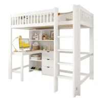 Cama Alta, 90x200 Cm, Varios Compartimentos, Escalera, Escritorio, 3 Cajones, Sin Colchón, Blanco