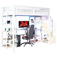 Cama Alta, 90 X 200 Cm, Estructura De Hierro, Compartimento De Almacenamiento, Escalera Con Espacio De Almacenamiento, Escritorio, Tira De Luz Led, Puerto Usb Incluido, Sin Colchón, Blanco