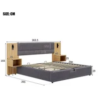 Cama Tapizada De 180 X 200 Cm, Cama Hidráulica Ancha Con Puerto Usb, Con Iluminación, Incluye Dos Mesitas De Noche Con Espacio De Almacenamiento, Somier De Láminas De Madera