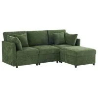 Sofá Esquinero En Forma De L, Convertible En 3 Plazas, Diseño Modular, Con Taburete Móvil Y 4 Cojines De Chenilla, Ideal Para Salón, Apartamento Y Oficina, Verde, Con Vídeo