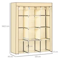 Armario De Tela Con 8 Niveles Y Barras Para Ropa, Armario Plegable De Tejido No Tejido En Color Beige, 125x43x162,5 Cm Para Ahorrar Espacio