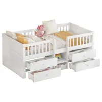 Cama Mediana, 90*200cm, 4 Cajones, Barandilla, Escalera, Madera De Pino, Sin Colchón, Estilo Minimalista, Blanco