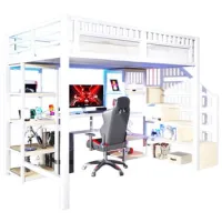 Cama Alta, 140 X 200 Cm, Estructura De Hierro, Compartimento De Almacenamiento, Escalera Con Espacio De Almacenamiento, Escritorio, Tira De Luz Led, Puerto Usb Incluido, Sin Colchón, Blanco