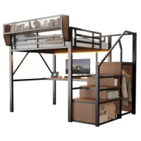 Cama Alta (140 X 200 Cm), Cama De Metal Con Tira De Luz Led, Escritorio Largo