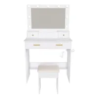 Tocador Con Iluminación Led De 3 Niveles, Enchufe Y Soporte Para Secador De Pelo - 4 Cajones + Cesta De Almacenamiento - Incluye Taburete Acolchado - Blanco, A80/a137/p40 Cm