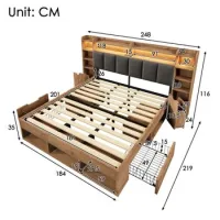 Cama Doble De 180x200 Cm, Color Roble, Cabecero Tapizado Con Iluminación Led, Mesitas De Noche Con Puertos Usb Y Tipo C, Espacio De Almacenamiento Y Cajones Con Ruedas