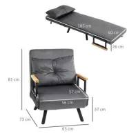 Sillón Para Dormir Sofá Individual Con Función Cama, Sillón Relajante Con Respaldo Ajustable, Aspecto De Terciopelo, Gris Oscuro