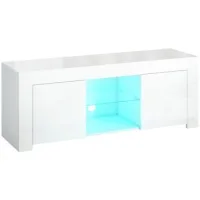 Mueble Para Tv Con Iluminación Led, 2 Puertas, Estante De Vidrio, Orificios Para Cables, Sala De Estar, Aglomerado, Blanco