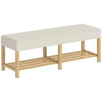Banco Para Zapatos De Madera Maciza De 140 Cm, Banco De Pasillo Moderno Con Asiento Acolchado Para Dos Personas, Madera Natural Y Blanco Crema