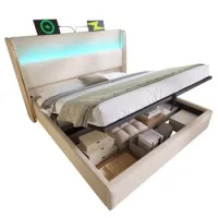 Cama Hidráulica Moderna Con Cabecero Alto, Cama Doble De 180x200 Cm Con Iluminación Led, Espacio De Almacenamiento Y Puertos Usb/usb-c, En Aspecto Lino Beige (sin Colchón)