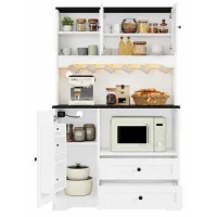 100×40×163cm, Mueble De Cocina Alto Con Iluminación Led Y Enchufes, Con Espacio Para Microondas, Estantes Regulables, Especiero Y Puerto Usb, Apto Para Cocina, Comedor Y Salón