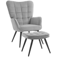 Sillón Orejero Con Taburete, Sillón, Sillón De Relajación, Sillón Tapizado, Aspecto De Terciopelo, Sillón Para Televisión, Sillón De Comedor Hasta 120 Kg, Gris Claro
