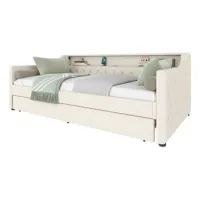Cama De Día, 90 X 200 Cm, Sofá Cama, Sofá Cama Con Somier De Láminas (sin Colchón), Con Luces Led, Cama Con Cama Plegable, Toma De Carga Usb, Lino, Beige