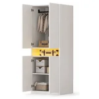 Armario 70 × 55 × 180 Cm, Con Compartimentos Iluminados, Luz Led, Gran Espacio De Almacenamiento Y Zona Para Colgar La Ropa, Armario Individual, Blanco