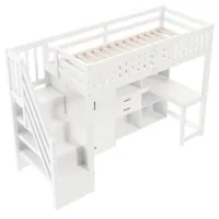Cama Alta, 90x200cm, Escalera De Almacenamiento, Armario, Escritorio, Cajones, Compartimentos De Almacenamiento, Sin Colchón, Blanco