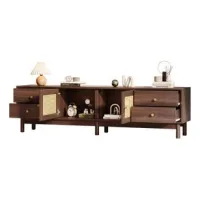 Mueble Para Tv De 180 Cm De Largo Con Aspecto De Madera Oscura, Dos Puertas De Ratán, Cuatro Cajones, Pasacables Y Bisagras Hidráulicas: Apto Para Televisores De Hasta 80 Pulgadas