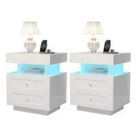Mesita De Noche Con Iluminación Led, Cómoda Con 2 Cajones, 1 Espacio De Almacenamiento Abierto, Blanco, W100/d40/h60 Cm
