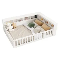 Cama De Día, 140*190 Cm, Diván, Sofá Cama, Mesita De Noche Con Compartimento De Almacenamiento, Cama Con Somier De Láminas (sin Colchón), Barandilla, Aglomerado, Con Enchufe Y Usb, Blanco