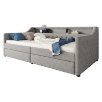 Divan Cama, 90 X 200 Cm, Sofá Cama, Diván Con Somier (sin Colchón), Luz Ambiental Con Mando A Distancia, Cama Con Dos Cajones, Toma De Carga Usb, Lino, Gris