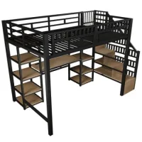 Cama Alta, 140 X 200 Cm, Estructura De Hierro, Compartimento De Almacenamiento, Escalera Con Espacio De Almacenamiento, Escritorio, Tira De Luz Led, Puerto Usb Incluido, Sin Colchón, Negro