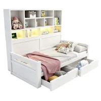 Sofá Cama De Madera De 90 X 200 Cm, Espacio De Almacenamiento Multifuncional, Iluminación Led, Cama Individual, Estructura De Cama Juvenil Con Enchufes, Armario Abierto Y Cajones