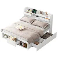 Cama Doble, 140*190cm, Con Puerto Usb, Cajones Y Armario De Almacenamiento, Cama Infantil, Cama Juvenil, Cama Multifuncional, Gran Espacio De Almacenamiento, Sin Colchón, Blanco