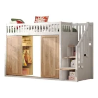 Cama Infantil (90 X 200 Cm), Cama Alta, Cama Infantil Multifuncional Con Armario Y Mueble De Escalera, Barra De Luces De Colores, Sin Colchón, Color Blanco Y Roble