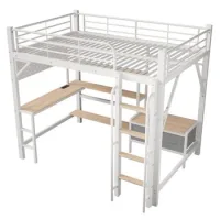 Cama Alta, 140 X 200 Cm, Estructura De Hierro, Pared Perforada, Varios Estantes, Cajones De Tela, Escritorio, Con Puerto Usb, Barandilla De Seguridad, Barra Para Colgar