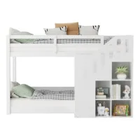Litera Infantil, Cama Doble, Cama Infantil Multifuncional, Con Escaleras Y Taquillas, Barandilla Estable, Sin Colchón, 90*200 Cm, Blanco