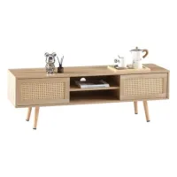 Mueble Para Tv De Mimbre Con Puertas Corredizas Dobles, Espacio De Almacenamiento, Estantes Ajustables Y Patas De Madera Maciza. Mueble Tv Para Salón