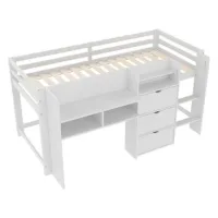 Cama De Media Altura, 90x200 Cm, Forma De Casa, Varios Compartimentos De Almacenamiento, Zona De Entretenimiento Debajo De La Cama, Sin Colchón, Blanco