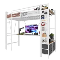 Cama Alta, 90 X 200 Cm, Estructura De Hierro Con Escritorio, Con Barra De Secado, Con Estantes, 4 Cajones, Con Toma Usb+usb-c, Tira De Led, Barandilla, Escalera De Mano