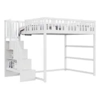 Litera Para Niños 140*200 Con Escalera, Cama Alta De Madera Maciza Con Barandilla De Seguridad, Decoración De Estrellas Y Lunas.blanco