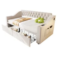 Sofá Cama Tapizado De 90*190 Cm, Reposabrazos Más Anchos Y Gruesos Con Puerto De Carga Usb, Almacenamiento Integrado En Los Reposabrazos, Con Bolsillos De Almacenamiento