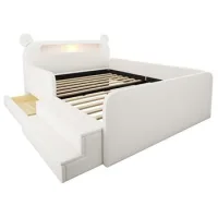 Cama Infantil Tapizada De 140 X 200 Cm Con Cabecero De Oso, Luz Nocturna, Puerto De Carga Usb, Almacenamiento Integrado Y Asiento Con Escalón, Segura Y Práctica