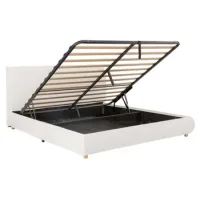 Cama Tapizada, Cama Doble, 180*200 Cm, Cama Funcional Hidráulica, Cama Con Somier, Cabecero Y Gran Espacio De Almacenamiento, Cabecero Acolchado, Patas De Madera Maciza, Bouclé Blanco
