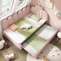 Sofá Cama De 90 X 200 Cm Con Cama Abatible De 90 X 190 Cm En Forma De L, De Terciopelo Rosa Con Diseño De Corona Y Rejilla