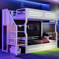 Litera De 90x200 Cm Con Espacio De Almacenamiento, Escalera Tipo Armario, Iluminación Led Y Barandilla Alta En Blanco