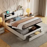 Cama Doble Con Almacenamiento, Tira Led Y Puerto Usb, 160x200 Cm, Terciopelo Beige