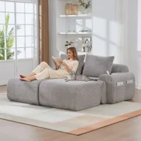 Sofá Modular De 2 Plazas Con 2 Poufs, Portavasos, Bolsillo De Almacenamiento Lateral, Caqui Y Gris Claro - Sweiko