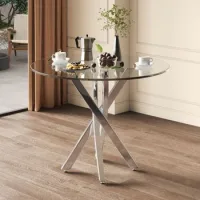 Mesa De Comedor Redonda De Vidrio Templado, Patas Galvanizadas, Moderna, 80x80x75 Cm, Plata - Sweiko